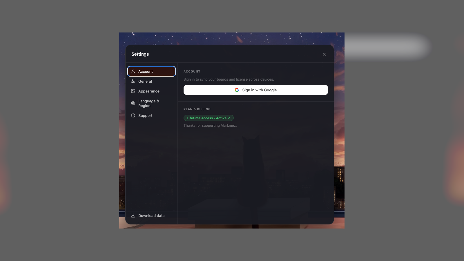 Veyra account and licence settings