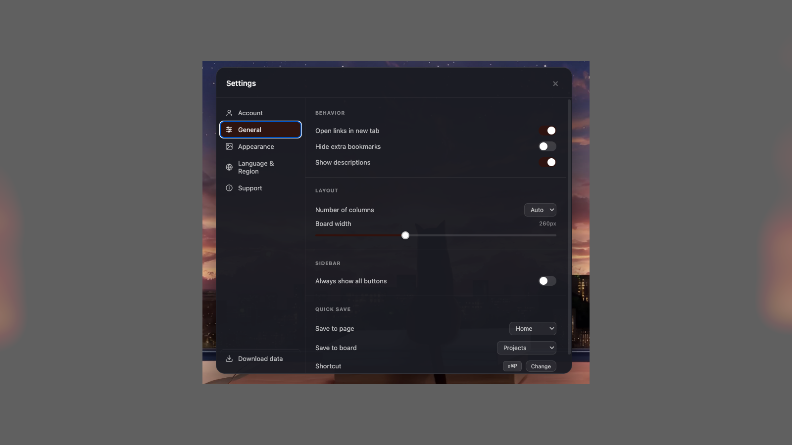 Veyra workspace behaviour and layout settings